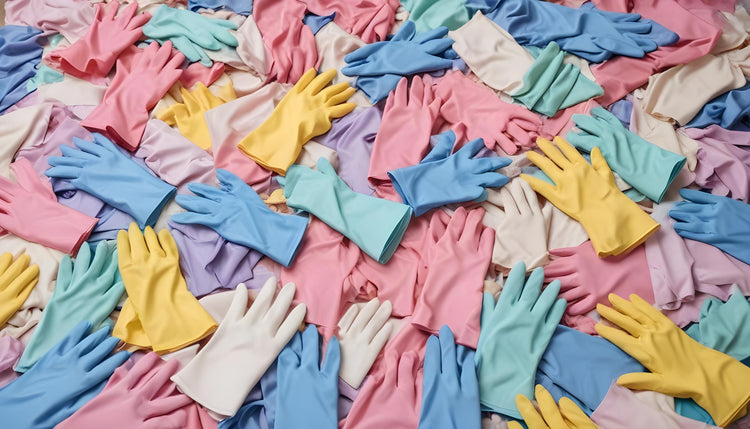 piles and mountains of latex and nitrile exam gloves strewn about