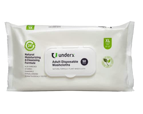 Underx Disposable Washcloths - Body Cleansing Wipes for Adults - Enriched with Aloe Vera, Chamomile & Vitamin E -Soft, Absorbent and Strong - Toilet Wipes Flushable - XL 8” x12” (Pack of 1) 50 Count