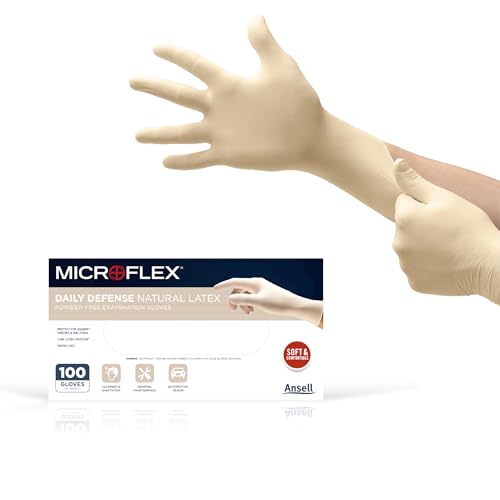 Microflex 10-754 Daily Defense Disposable Latex Gloves for Cleaning, Food Prep w/Textured Fingertips - Natural 100 Count (Pack of 1)