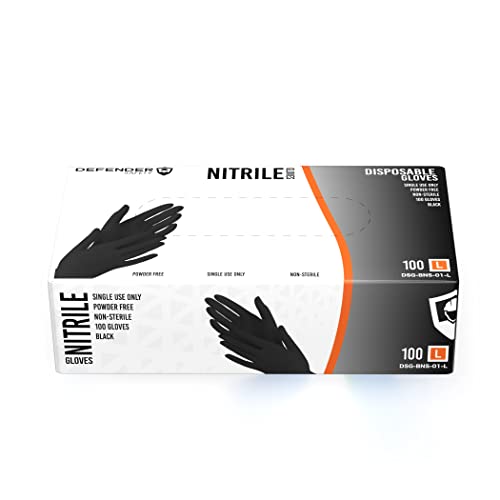 Defender Safety - Black Nitrile Gloves, Industrial Grade, Latex-Free, Disposable, Powder Free (Black) (Large, 100 count (4 Mil)