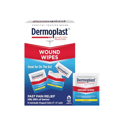 Dermoplast Wound Wipes Medicated First Aid Cloths, Analgesic & Antiseptic Wipes for Treating Minor Cuts, Scrapes and Burns on The Go, Sting Free Formula, 10 Individual Cloths (Packaging May Vary)