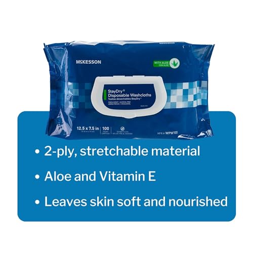 McKesson StayDry Disposable Wipe - Large Adult Body and Incontinence Washcloths with Aloe and Vitamin E, Alcohol-Free, 100 Wipes Per Pack