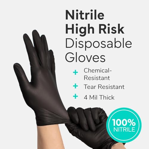 OWELL Black Nitrile Gloves, 4 Mil Medical Exam Gloves, Black Nitrile Disposable Gloves For High Risk Environments, Food Safe & Chemical-Resistant, Powder & Latex-Free Glove, Small Size, 100 Count