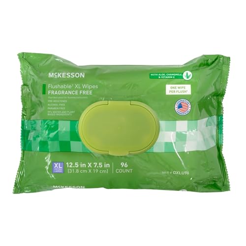 McKesson Flushable* Wet Wipes XL - Aloe & Vitamin E Formula, Gentle on Skin, Plant-Based Adult Cleansing Wipes - Unscented, 96 Wet Wipes per Pack, 96 Wipes, 1 Pack