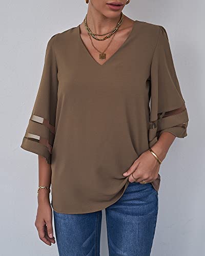 LookbookStore Women Vneck Mesh Panel Brown Work T Shirts for Women V Neck Casual 3/4 Flared Bell Sleeve Blouse Loose Business Office Blouse and Tops Size XX-Large