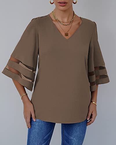 LookbookStore Women Vneck Mesh Panel Brown Work T Shirts for Women V Neck Casual 3/4 Flared Bell Sleeve Blouse Loose Business Office Blouse and Tops Size XX-Large