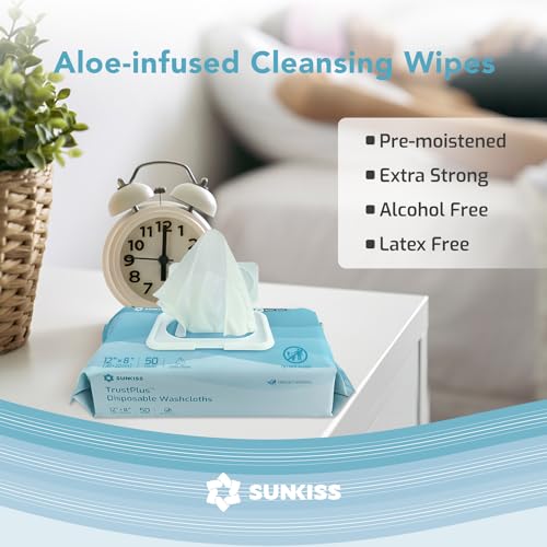 SUNKISS Trustplus Wet Wipes for Adult, Extra Thick 8"x12" Body Cleaning Wipes with Aloe for Incontinence & Cleansing, Fresh Scent, 50 Count