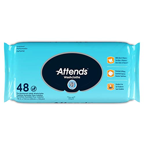 Attends Washcloths No-Rinse Disposable Cleansing Wipes for Incontinence, 7.8"x11.8", Hypoallergenic Alcohol-Free with Aloe, Scented, 576ct Case