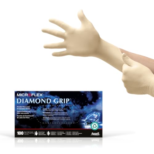 Ansell Microflex Diamond Grip MF-300 Disposable Latex Gloves for Automotive, Machinery Industries - Large, Natural Clear (Box of 100)