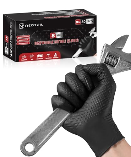 NEOTRIL 8 Mil Heavy Duty Disposable Nitrile Gloves with Raised Diamond Texture Grip Rubber Gloves, Latex & Powder Free Mechanic Gloves for Household Cleaning, Black | 50 Pcs