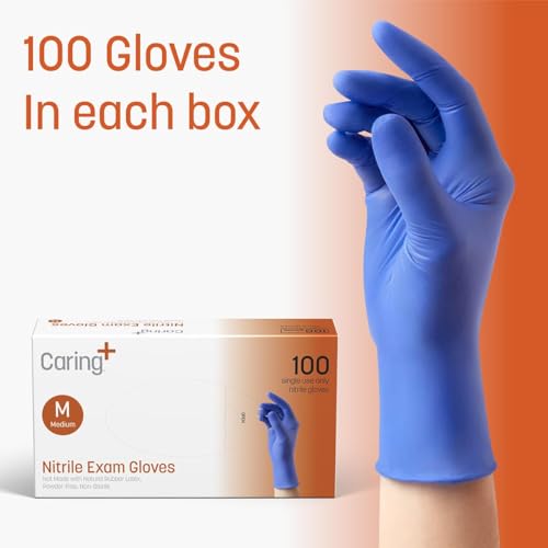 Caring Nitrile Exam Gloves (100ct), Powder Free and Not Made with Natural Rubber Latex, Gloves for Medical Use, Cleaning, Food Prep and More, Medium