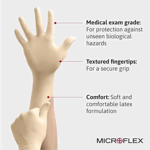 Microflex 10-754 Daily Defense Disposable Latex Gloves for Cleaning, Food Prep w/Textured Fingertips - Natural 100 Count (Pack of 1)