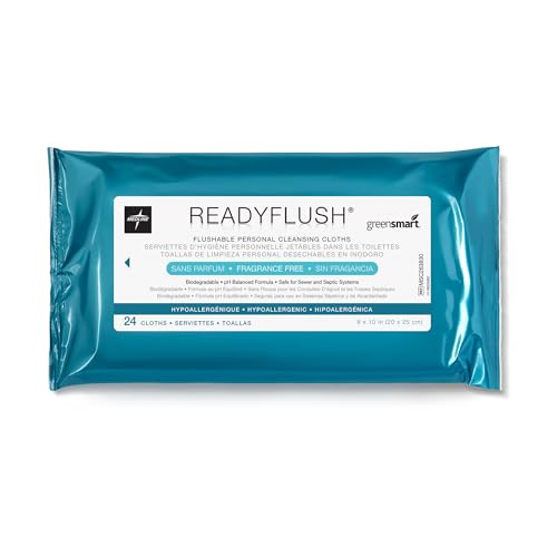 Medline ReadyFlush Biodegradable Flushable Personal Cleansing Wipes, Fragrance Free, 24 Count