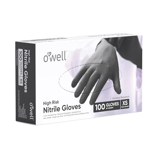 OWELL Black Nitrile Gloves, 4 Mil Medical Exam Gloves, Black Nitrile Disposable Gloves For High Risk Environments, Food Safe & Chemical-Resistant, Powder & Latex-Free Glove, Small Size, 100 Count