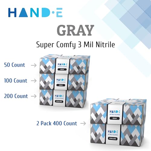 Hand-E Touch Grey Disposable Nitrile Gloves Medium 50 Count, Powder and Latex Free Medical Gloves, Exam Surgical Gloves, Food Safe Cooking Gloves - Textured Fingertips