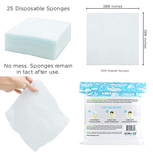 Scrubzz Disposable Rinse Free Bathing Wipes - 25 Pack - All-in-1 Single Use Shower Wipes, Simply Dampen, Lather, and Dry Without Shampoo or Rinsing