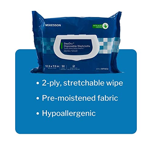 McKesson StayDry Disposable Wipe - Large Adult Body and Incontinence Washcloths with Aloe and Vitamin E, Alcohol-Free, 100 Wipes Per Pack