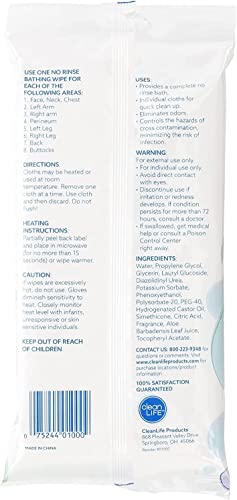 No-Rinse Bathing Wipes by Cleanlife Products, Premoistened and Aloe Vera Enriched for Maximum Cleansing and Deodorizing - Microwaveable, Hypoallergenic, Rinse-Free and Latex-Free (8 Wipes)