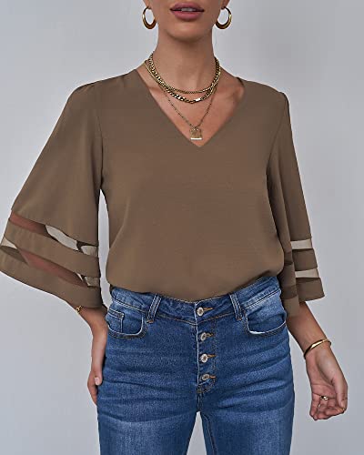 LookbookStore Women Vneck Mesh Panel Brown Work T Shirts for Women V Neck Casual 3/4 Flared Bell Sleeve Blouse Loose Business Office Blouse and Tops Size XX-Large