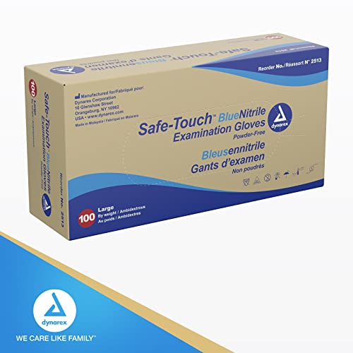 Dynarex Safe-Touch Disposable Nitrile Exam Gloves, Powder-Free, Latex-Free, Touchscreen Friendly & Used by Professionals, Blue, Large, 1 Box of 100 Safe-Touch Disposable Nitrile Exam Gloves