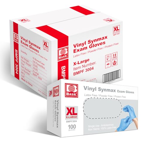 Basic Medical Synmax Vinyl Exam Gloves - Latex-Free & Powder-Free Disposable Glove - X-Large, BMPF-3004(1000 Pcs)