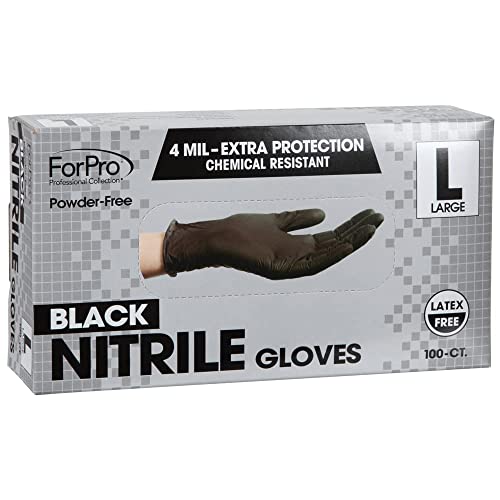 ForPro Professional Collection Disposable Nitrile Gloves, Chemical Resistant, Powder-Free, Latex-Free, Non-Sterile, Food Safe, 4 Mil, Black, Large, 100-Count