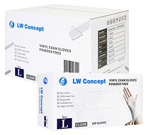 LW Concept Clear Vinyl Exam Gloves for Medical/Food Safe/Cleaning/Handling Use Multipurpose Latex & Powder Free, 3.5 mil (LW3003, Large, Case of 1000)