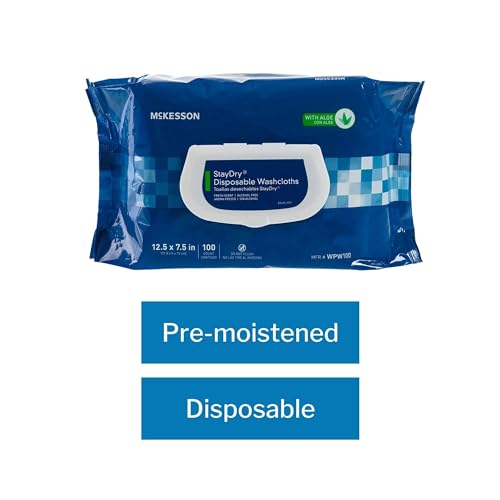 McKesson StayDry Disposable Wipe - Large Adult Body and Incontinence Washcloths with Aloe and Vitamin E, Alcohol-Free, 100 Wipes Per Pack