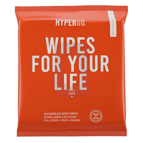 HyperGo Full-Body Rinse-Free Hypoallergenic Biodegradable Bathing Wipes –All Natural, Refreshing Anytime Anywhere, Post Workout, Camping, Travel, Daily Life, 12”x12” X-Large 20-count, Unscented 1 Pack