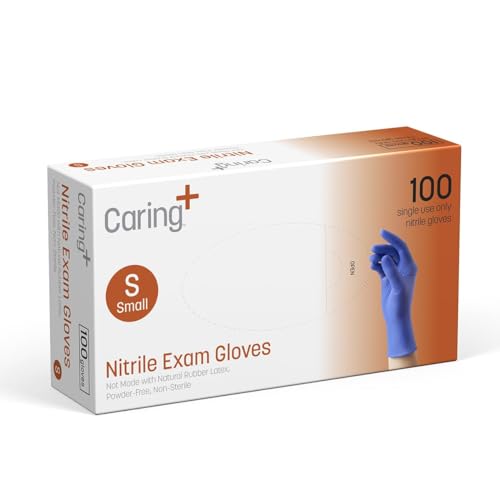 Caring Nitrile Exam Gloves (100ct), Powder Free and Not Made with Natural Rubber Latex, Gloves for Medical Use, Cleaning, Food Prep and More, Small