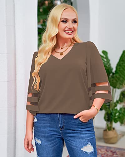 LookbookStore Women Vneck Mesh Panel Brown Work T Shirts for Women V Neck Casual 3/4 Flared Bell Sleeve Blouse Loose Business Office Blouse and Tops Size XX-Large