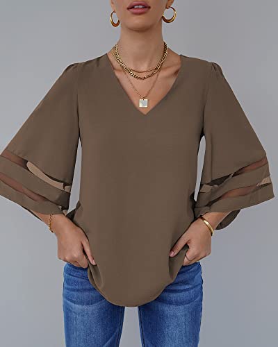 LookbookStore Women Vneck Mesh Panel Brown Work T Shirts for Women V Neck Casual 3/4 Flared Bell Sleeve Blouse Loose Business Office Blouse and Tops Size XX-Large