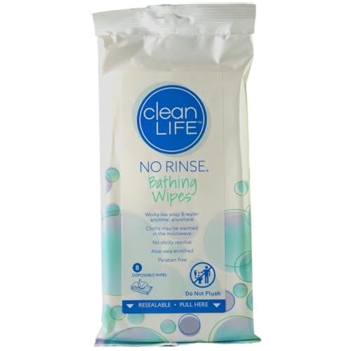 No-Rinse Bathing Wipes by Cleanlife Products, Premoistened and Aloe Vera Enriched for Maximum Cleansing and Deodorizing - Microwaveable, Hypoallergenic, Rinse-Free and Latex-Free (8 Wipes)