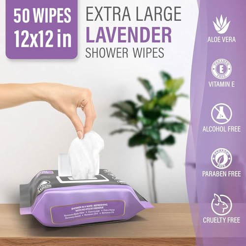 Showerless Body Wipes for Women Deodorant Wipes Women - 50 XL 12"x12" Lavender Rinse-Free Body Wipes - Rinse Free Face Wipes Deodorant Wipes For Gym Travel Camping Shower Adult Bathing Wipes