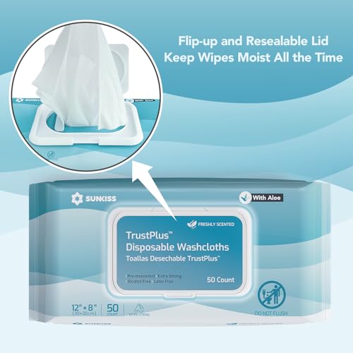 SUNKISS Trustplus Wet Wipes for Adult, Extra Thick 8"x12" Body Cleaning Wipes with Aloe for Incontinence & Cleansing, Fresh Scent, 50 Count