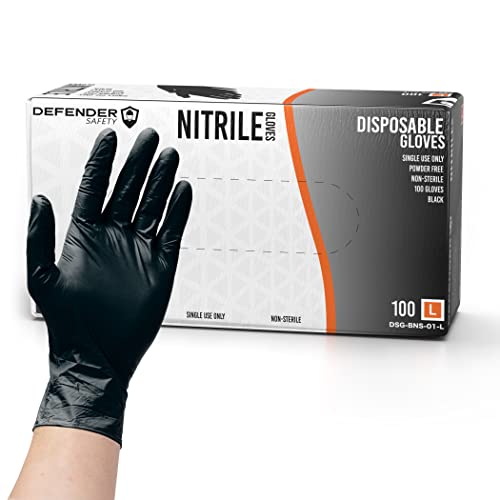 Defender Safety - Black Nitrile Gloves, Industrial Grade, Latex-Free, Disposable, Powder Free (Black) (Large, 100 count (4 Mil)