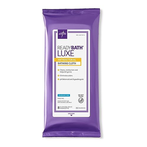 Medline ReadyBath LUXE Antibacterial Extra Thick Adult Bath Wipes (8 Wipes), Unscented, No Rinse Formula with Aloe, Shower Wipes for Sensitive Skin, Hypoallergenic & Alcohol-Free, 8 x 8 Inch