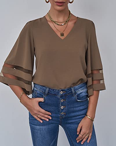 LookbookStore Women Vneck Mesh Panel Brown Work T Shirts for Women V Neck Casual 3/4 Flared Bell Sleeve Blouse Loose Business Office Blouse and Tops Size XX-Large