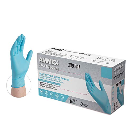 Ammex Blue Nitrile Disposable Exam Gloves, 3 Mil, Latex & Powder Free, Textured, X-Large, Box of 100