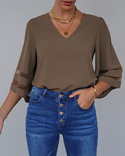 LookbookStore Women Vneck Mesh Panel Brown Work T Shirts for Women V Neck Casual 3/4 Flared Bell Sleeve Blouse Loose Business Office Blouse and Tops Size XX-Large