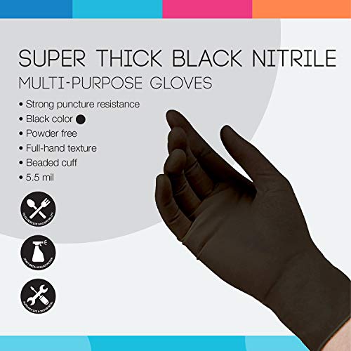 ASAP Thick Nitrile Gloves - 5.5 Mil Black Nitrile Powder Free Gloves, Black Latex Free Gloves - Disposable, Food Safe, Scratch Free, Multipurpose Gloves - Medium Black Nitrile Gloves, Box of 100