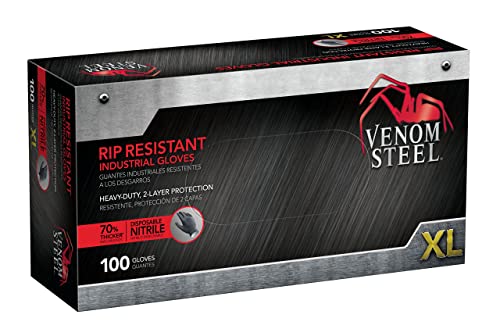 Venom Steel Industrial Nitrile Gloves, Chemical Resistant Disposable Black Gloves, Latex-Free, Powder-Free, Textured Grip, Heavy Duty Two-Layer Protection, 6 mil, XL, 100 Count