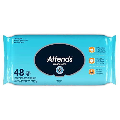 Attends Washcloths No-Rinse Disposable Cleansing Wipes for Incontinence, 7.8"x11.8", Hypoallergenic Alcohol-Free, Unscented, 576ct Case