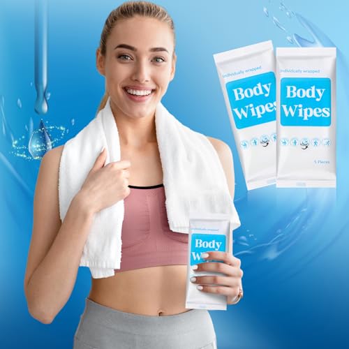 Threlaco 300 Pcs 60 Pack Body Wipes for Adults Bathing No Rinse Individually Wrapped Shower Wipes Washcloth with Aloe Cleansing Body Wash Cloths Disposable Cleansing Wipes(White Background)