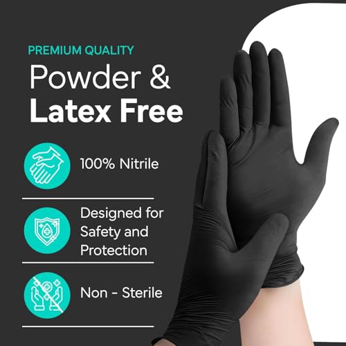 OWELL Black Nitrile Gloves, 4 Mil Medical Exam Gloves, Black Nitrile Disposable Gloves For High Risk Environments, Food Safe & Chemical-Resistant, Powder & Latex-Free Glove, Small Size, 100 Count