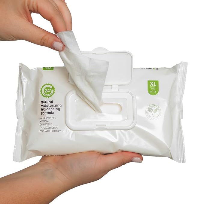 Underx Disposable Washcloths - Body Cleansing Wipes for Adults - Enriched with Aloe Vera, Chamomile & Vitamin E -Soft, Absorbent and Strong - Toilet Wipes Flushable - XL 8” x12” (Pack of 1) 50 Count