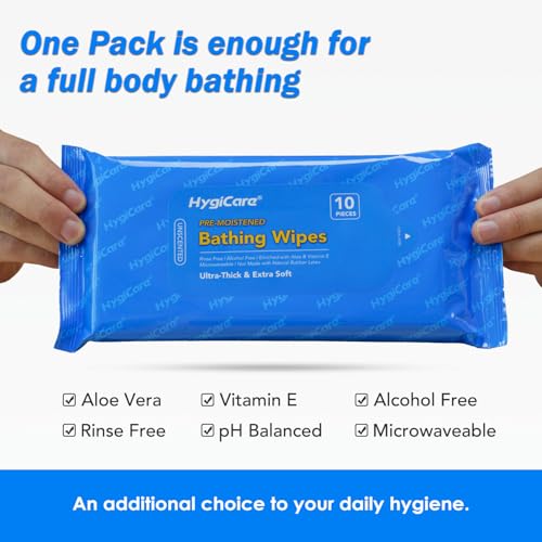 HygiCare Body Bathing Wipes, Rinse Free, pH balance, Enriched with Aloe and Vitamin E, Fit All Skin Types, Perfect for Camping, Hiking, Gyms, Fitness, Incontinence, Bedridden, 100 Count