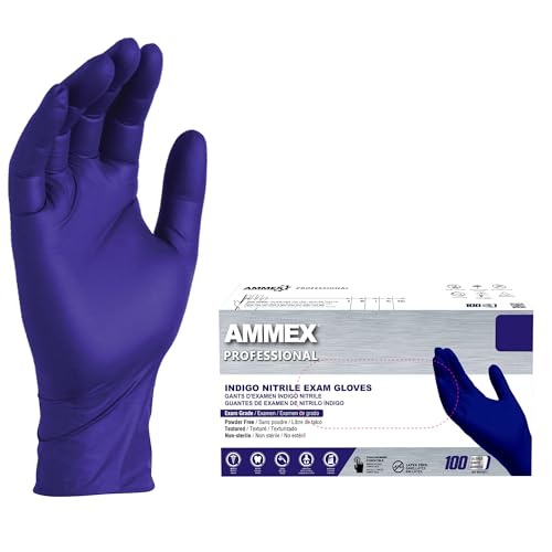 AMMEX Indigo Nitrile Disposable Exam Gloves, 3 Mil, Latex & Powder Free, Food-Safe, Textured, Non-Sterile, Medium, Box of 100