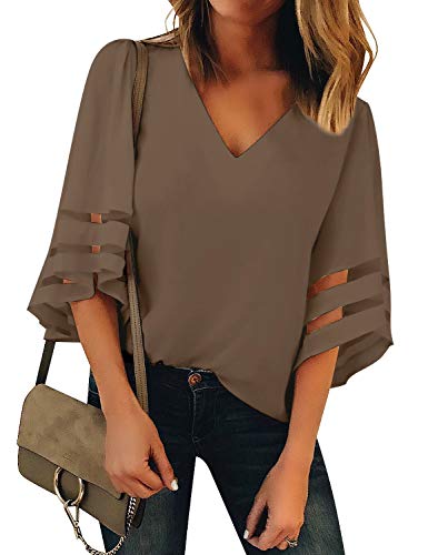 LookbookStore Women Vneck Mesh Panel Brown Work T Shirts for Women V Neck Casual 3/4 Flared Bell Sleeve Blouse Loose Business Office Blouse and Tops Size XX-Large