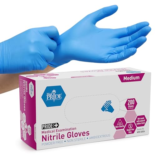 Medpride Medical Examination Nitrile Gloves| Medium Box of 200| Blue, Latex/Powder-Free, Non-Sterile Exam Gloves| Professional Grade for Hospitals, Law Enforcement, Tattoo Artists, First Response